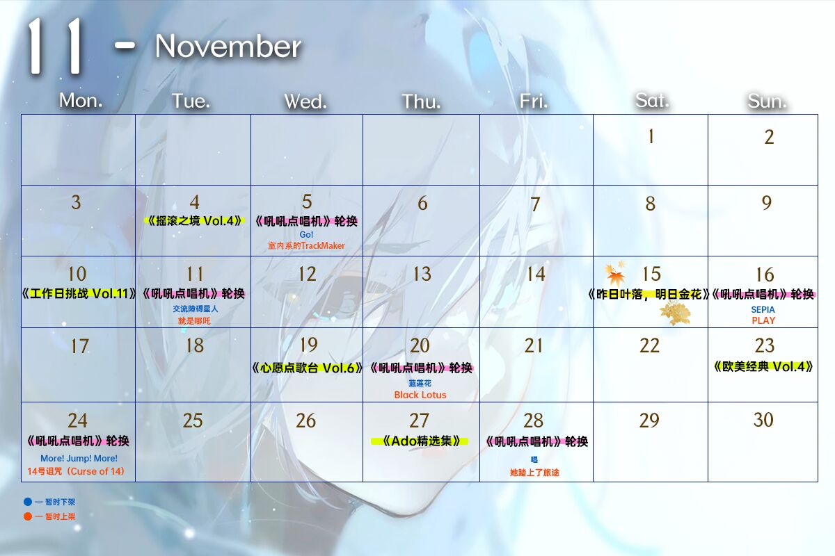 月度更新示例,黄色高亮部分即为常规专辑